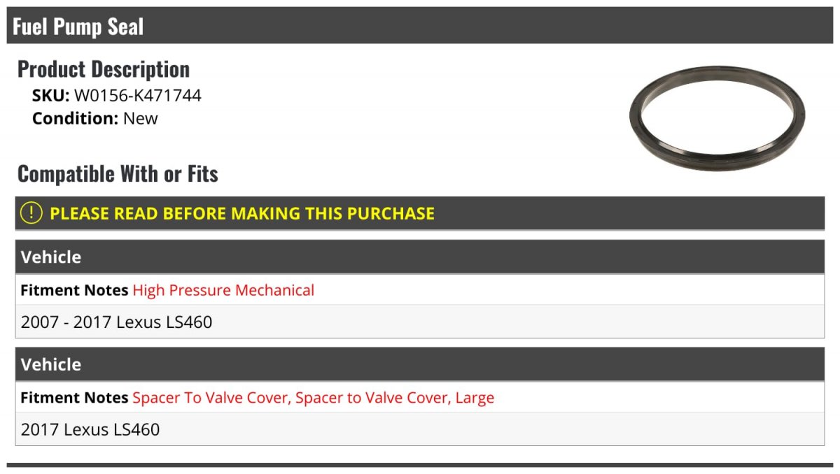 Fuel Pump Seal For 2007-2017 Ls460
