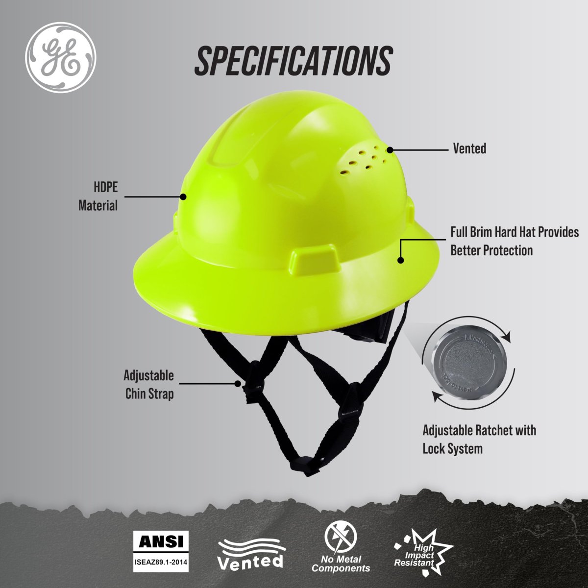Ge Hard Hat Full Brim Padded 4-point Ratchet Suspension Ansi Z89 1-2014 Safety Hats For Men Impact Resistant Durable