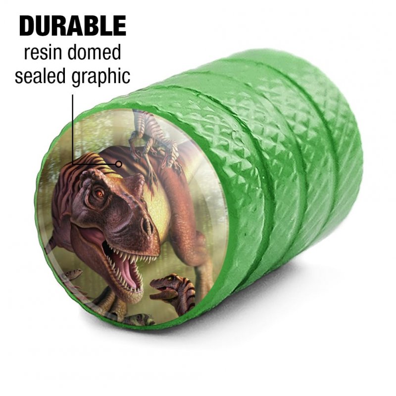 T Rex And Raptors Dinosaurs Valve Stem Caps For Tire Rim Wheel Green Aluminum Schrader Type Air Covers 4 Pieces 0 55 In Tall