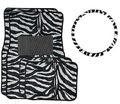 White Tiger Zebra Combo Front Rear Carpet Floor Mats Steering Wheel Cover 