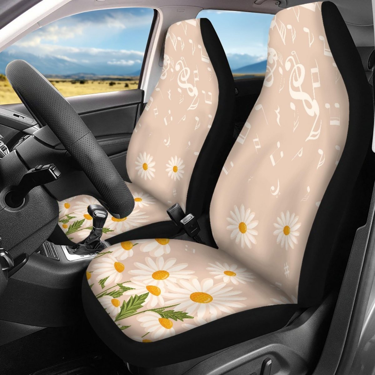 Toaddmos 4 Pieces Car Seat Cover Full Set Daisy Floral Music Notes With Front Cover And Rear Split Bench Protector Covers