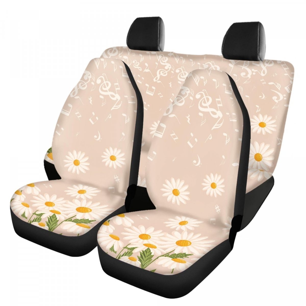 Toaddmos 4 Pieces Car Seat Cover Full Set Daisy Floral Music Notes With Front Cover And Rear Split Bench Protector Covers