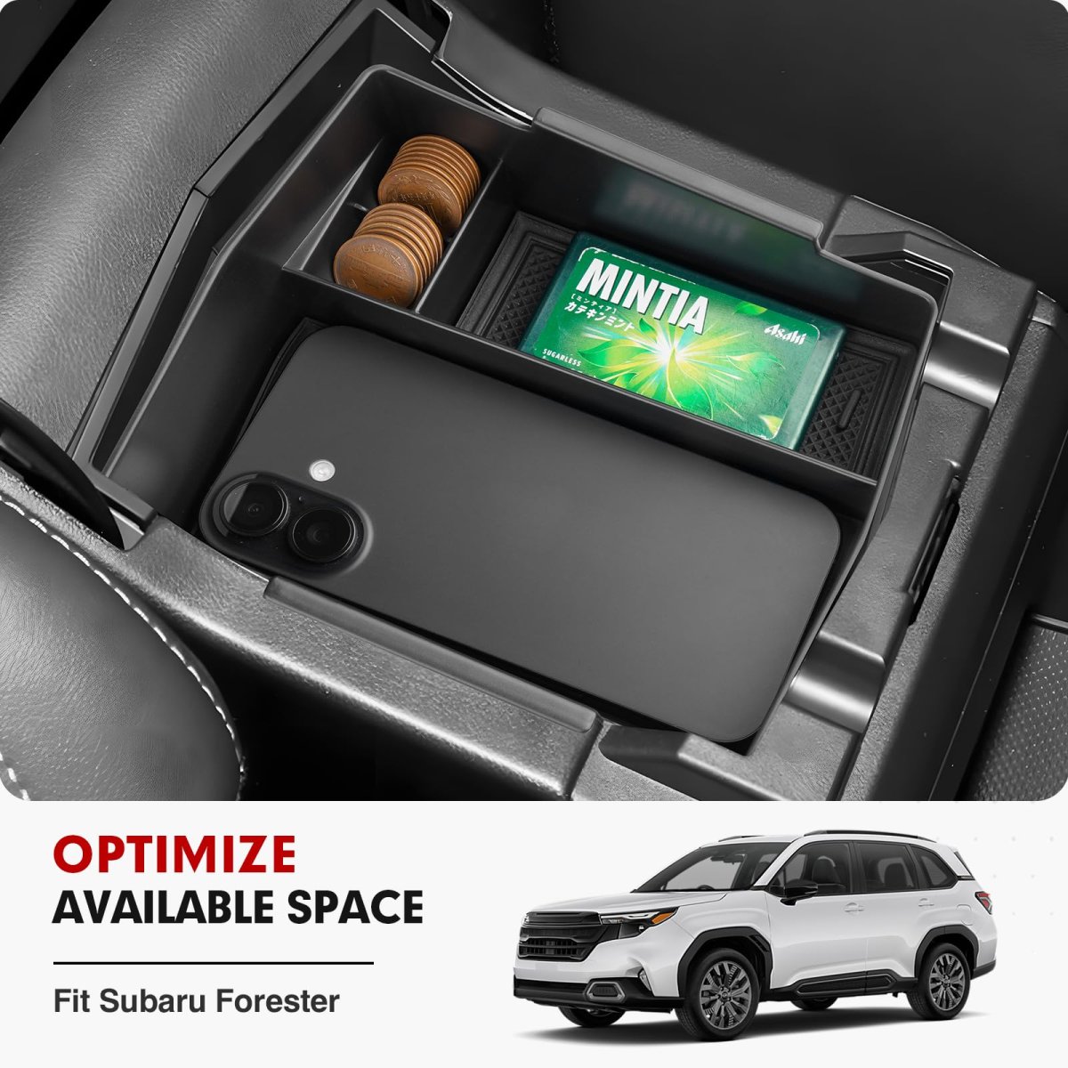 Center Console Organizer For 2025 2026 Subaru Forester Armrest Storage Box Secondary Insert Tray With Black Silicone Mats