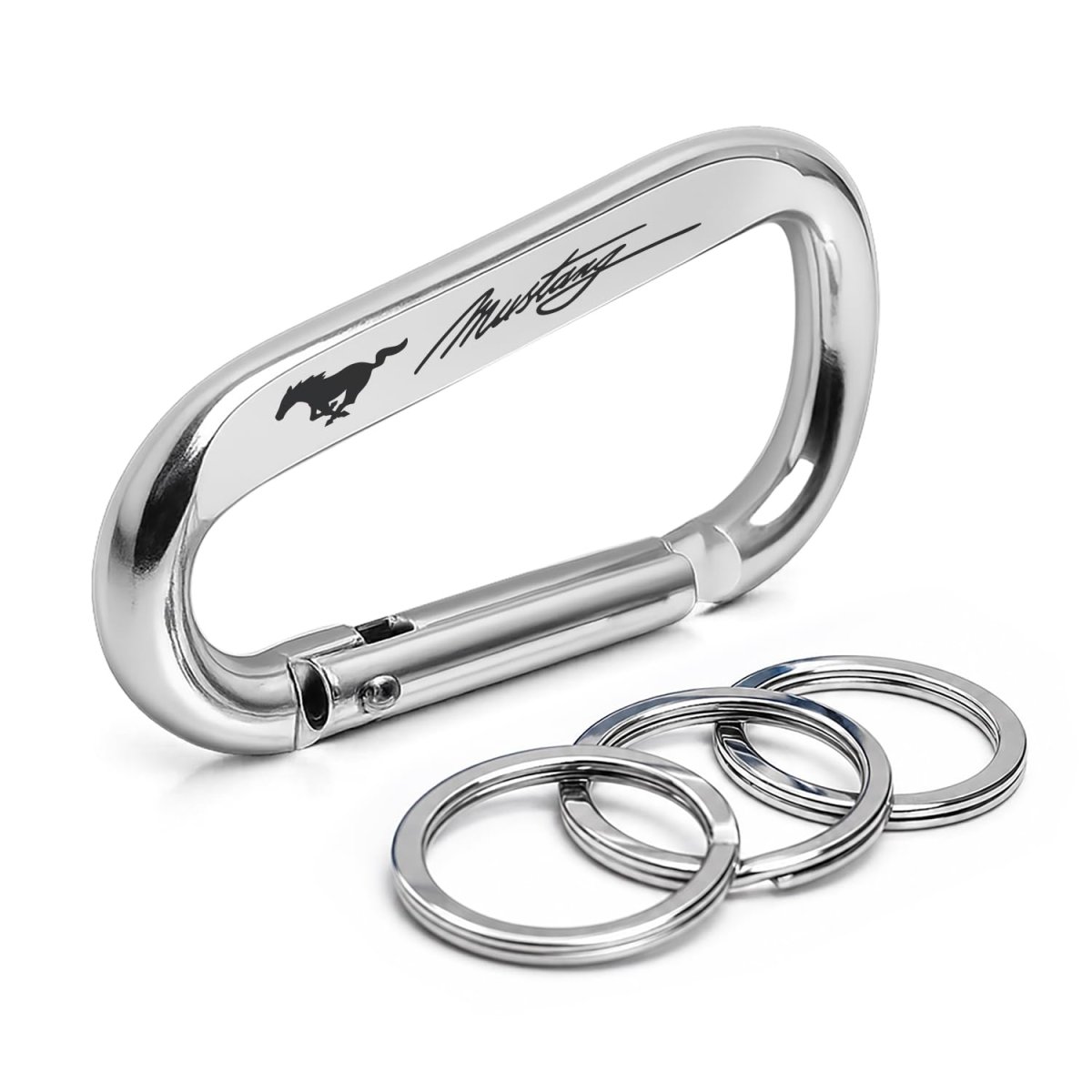 Ipick Image Officially Licensed Ford Mustang Script Laser-etched Silver Metal Carabiner Keychain With Split Key Rings