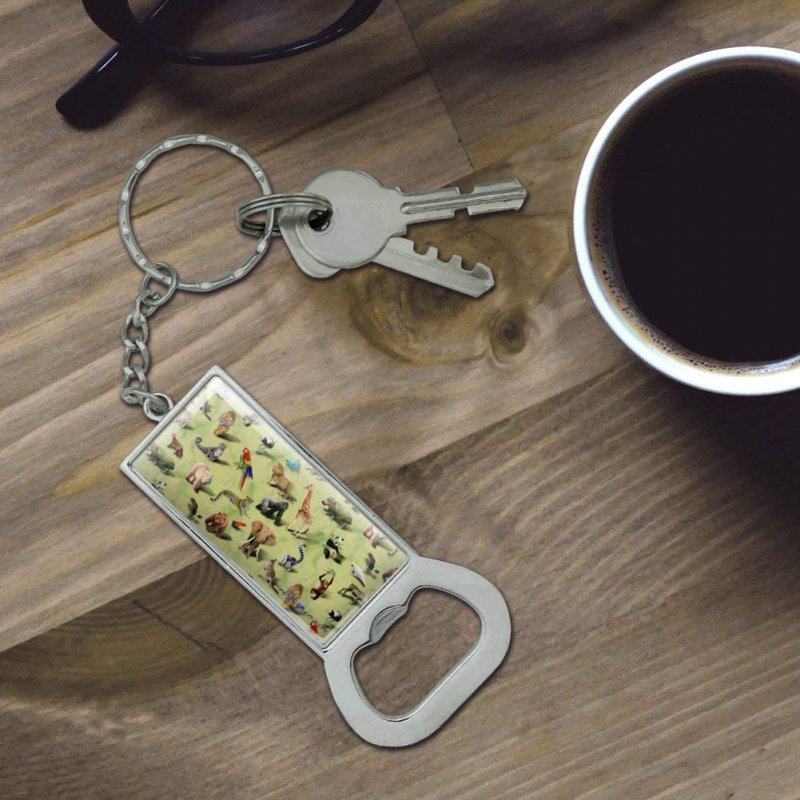 Graphics More Land Animals Gorilla Lion Fox Giraffe Pattern Keychain Rectangle Chrome Plated Metal Bottle Cap Opener