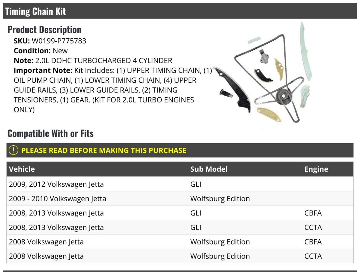 Timing Chain Kit For 2008-2010 2012-2013 Volkswagen Jetta 2 0l 4-cylinder Turbo Dohc Excludes 2011