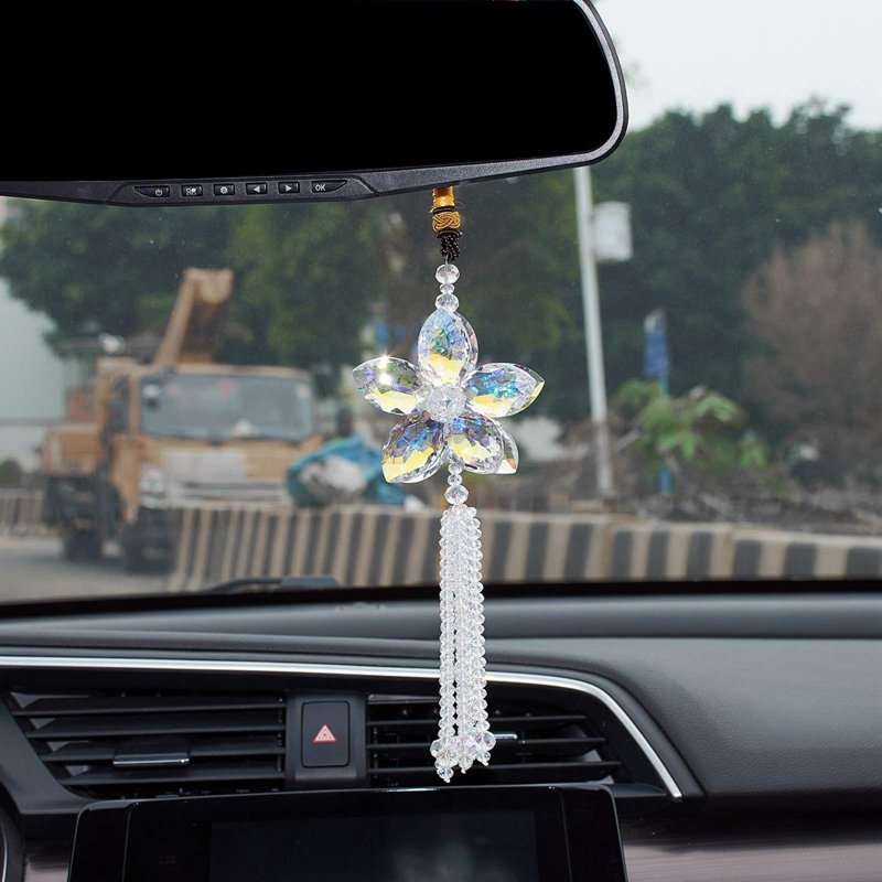 Aumohall Crystal Flower Car Rear View Mirror Pendant Hanging Ornament Lucky Charm With Dangle Beads Transparent