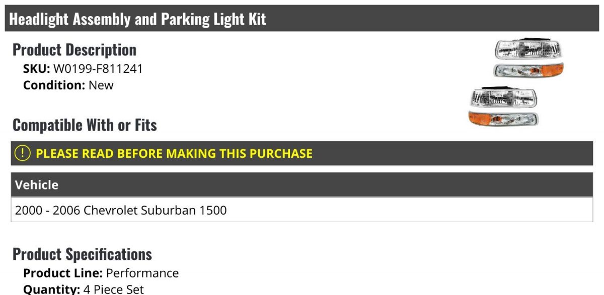 Headlight Assembly And Parking Light Kit 4 Piece For 2000-2006 Chevy Suburban 1500
