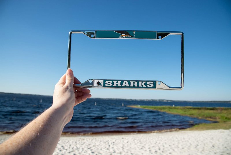 San Jose Sharks Team Nhl National Hockey League Metal License Plate Frame For Front Or Back Of Car Officially Licensed Up Close