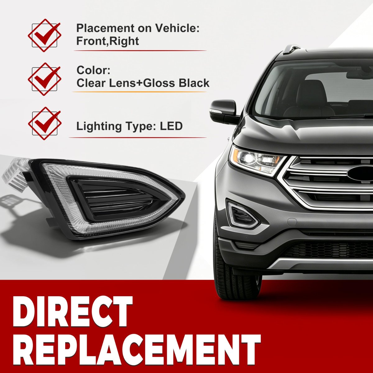 Right Front Bumper Fog Light Assembly For 15-18 Ford Edge Se Sel Sport Titanium Passenger Side Led Clear Lens Gloss Black