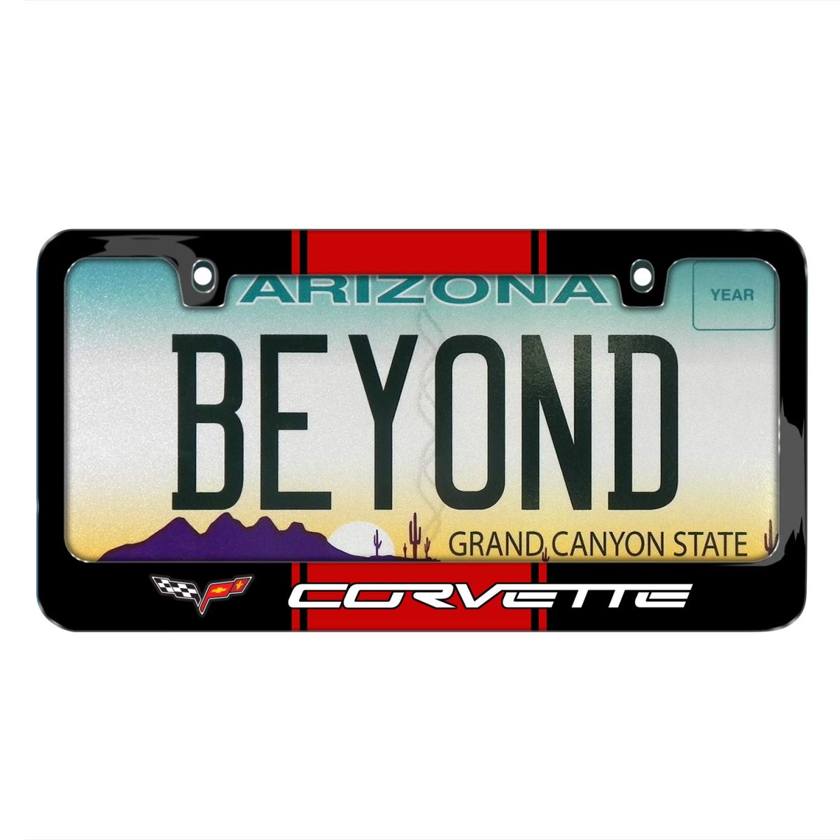 Chevrolet Corvette C6 Racing Stripe Black Metal License Plate Frame 12 In X 6 Powder Coated Zinc With Screw Covers