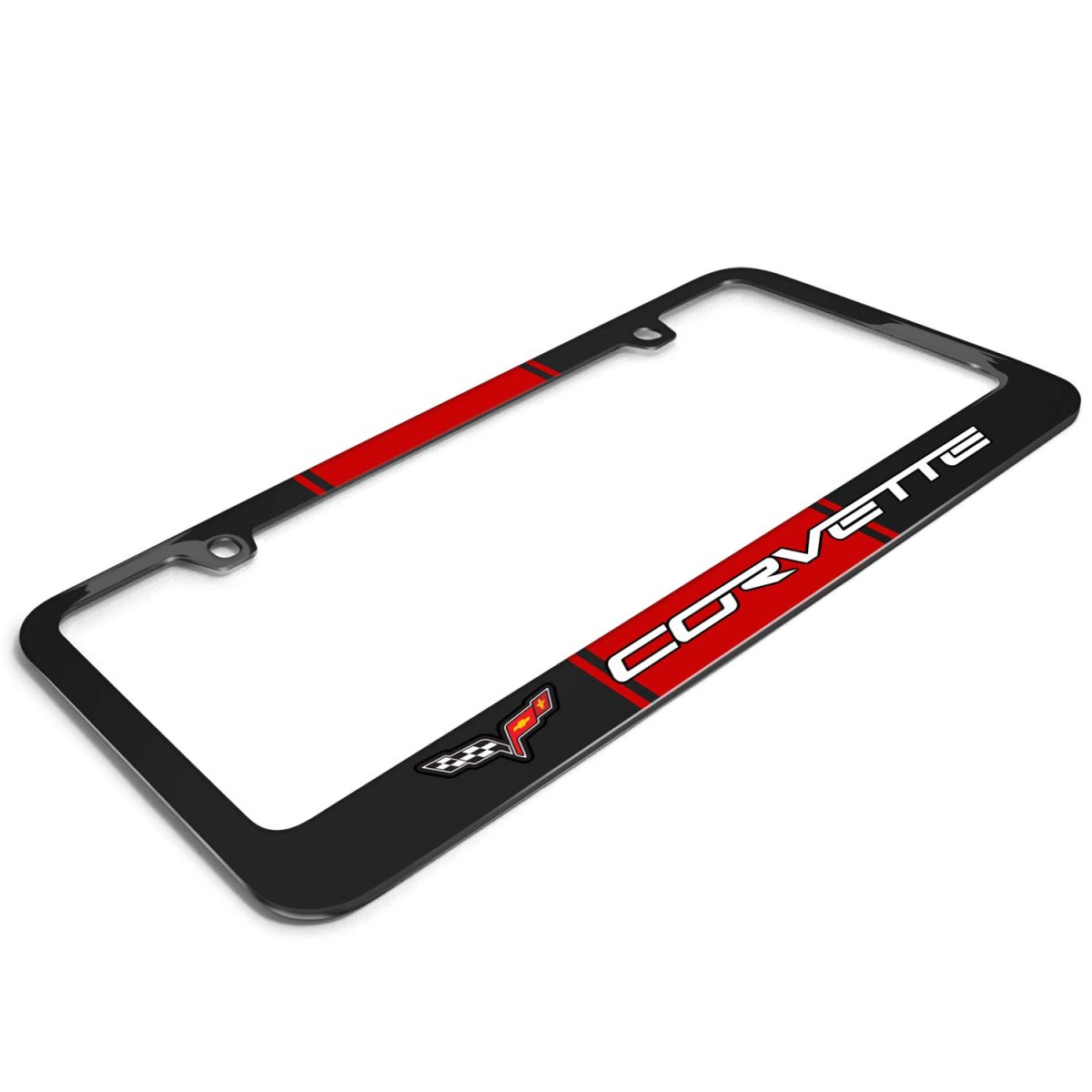 Chevrolet Corvette C6 Racing Stripe Black Metal License Plate Frame 12 In X 6 Powder Coated Zinc With Screw Covers