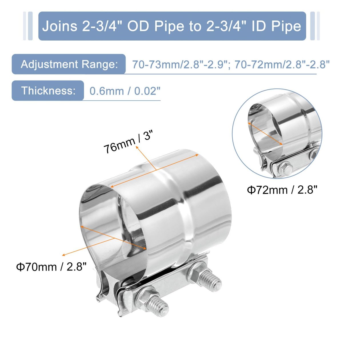 2-3 4 Exhaust Clamp 3 Stainless Steel Butt Joint Band Sleeve Coupler Pipe Repair Universal Widening For Od To 4 Id Mufflers
