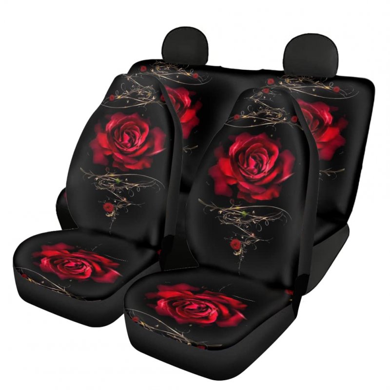 Fuibeng Red Rose Flower Car Seat Covers Floral Auto Steering Wheel Cover Armrest Cushion Seatbelt Pad Keychain Cup Holder