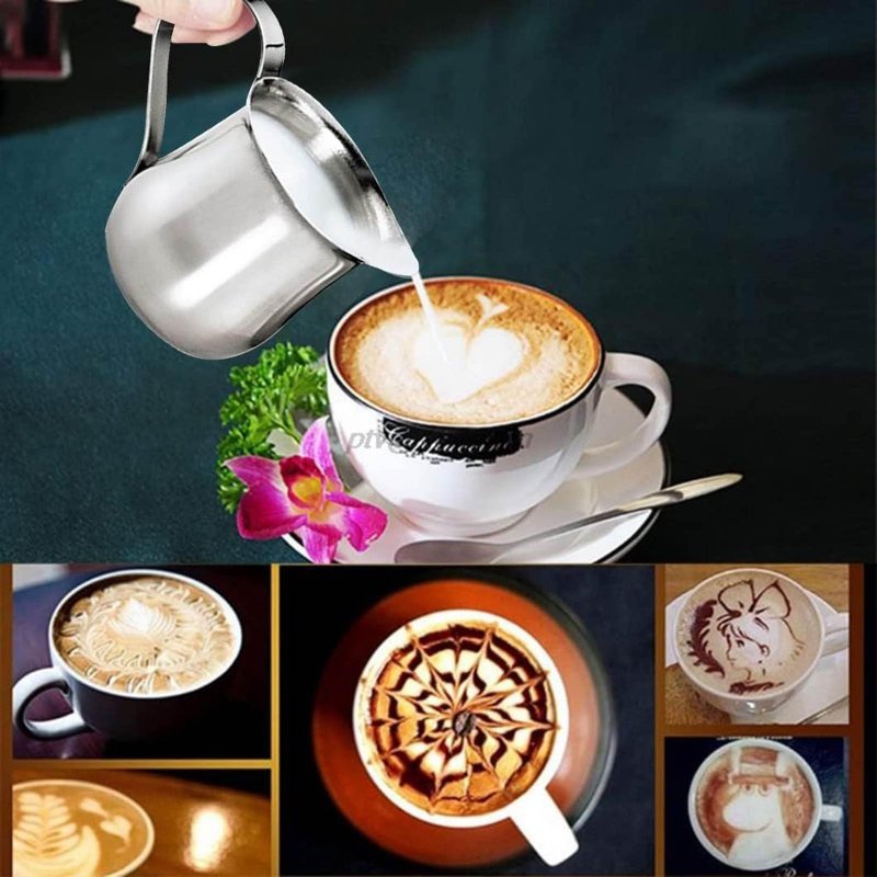 2 Pack Creamer Pitcher Bells Oz And 3 Espresso Pouring Cup Stainless Steel Creamer With Spoons Serving Cream For Latte Art