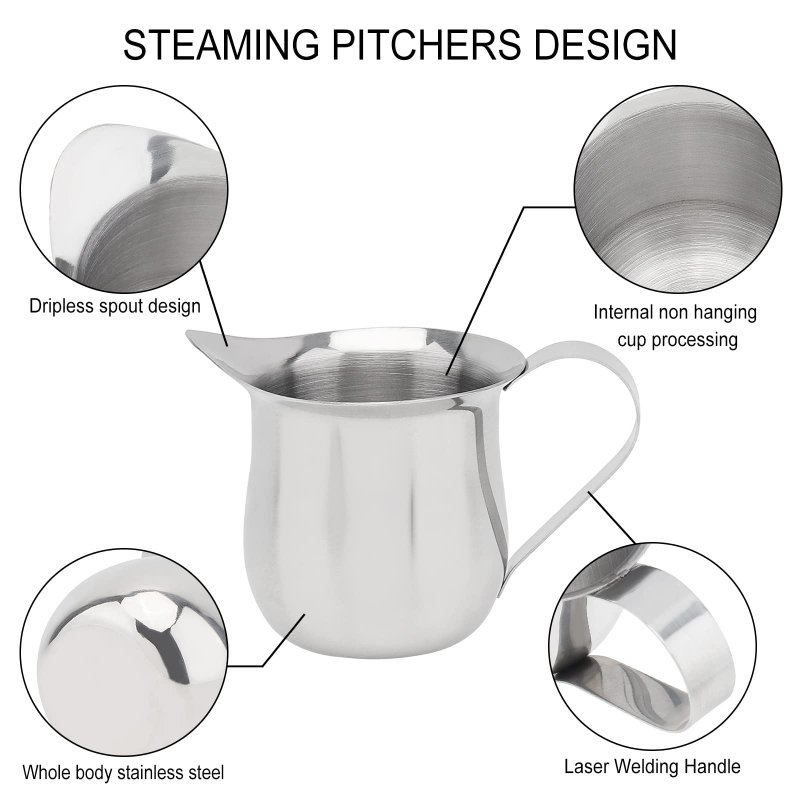2 Pack Creamer Pitcher Bells Oz And 3 Espresso Pouring Cup Stainless Steel Creamer With Spoons Serving Cream For Latte Art