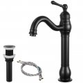 Heyalan Bathroom Vessel Sink Faucet Matte Black Washingroom Single Handle One Hole High Spout Pop Up Drain Bowl Brass Material 