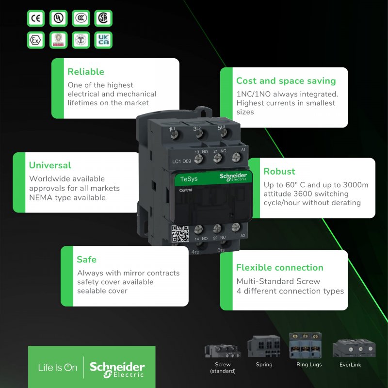 Lc1d09bd Iec Magnetic Contactor 3 Pole 24vdc Coil 9a Inductive 20a Resistive 1nc 1no Auxiliary Contact Ul Csa Standards