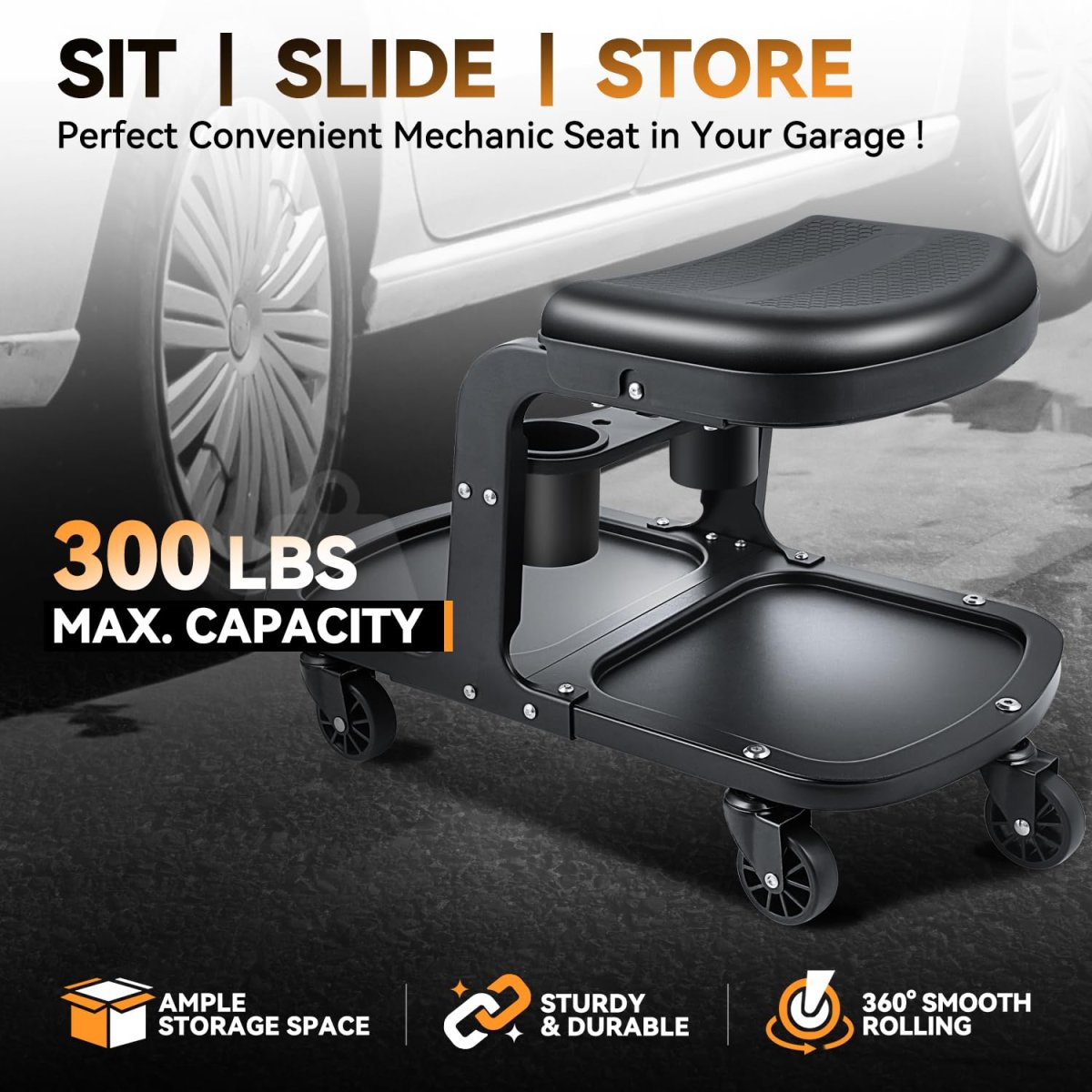 Rolling Creeper Seat Mechanic Roller Stool With Tool Tray 300 Lbs Capacity Padded And Swivel Casters For Garage Workshop Studio