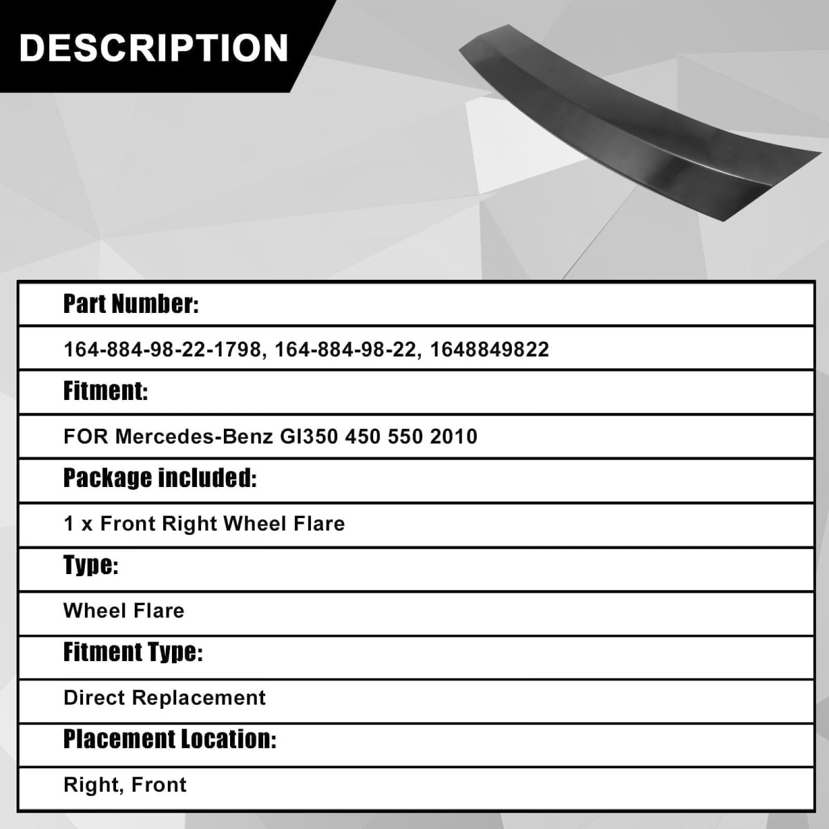 Front Wheel Flare Right Passenger For Mercedes-benz Gl350 450 550 2010 Replace 164-884-98-22-1798 16488498221798