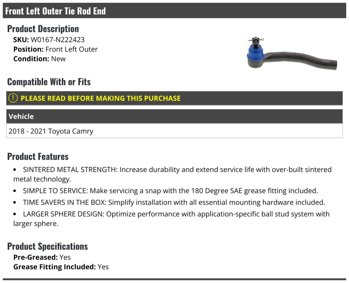 Front Left Driver Side Outer Tie Rod End For 2018-2021 Toyota Camry