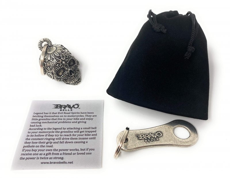 Bravo Bells 3-d Sugar Skull Biker With Hanger Motorcycle Bell Accessory Or Key Chain For Luck