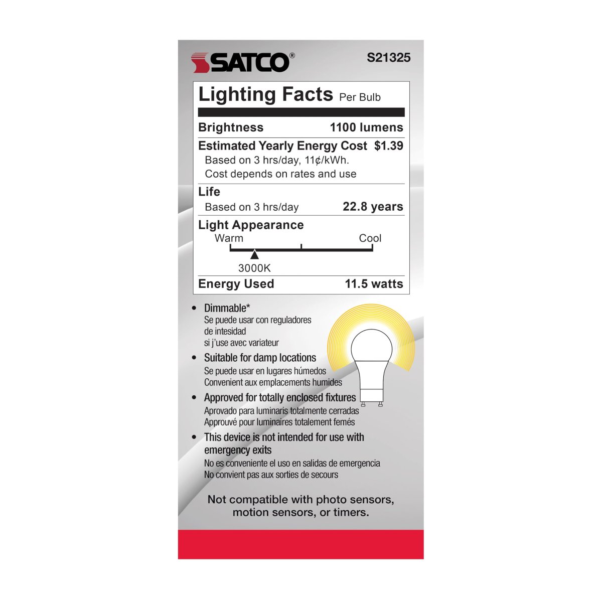 Satco 11 5 Watt A19 Led Light Bulb 3000k Warm White 1100 Lumens 90 Cri Frost Finish Gu24 Base 220 Degree Beam Dimmable Damp
