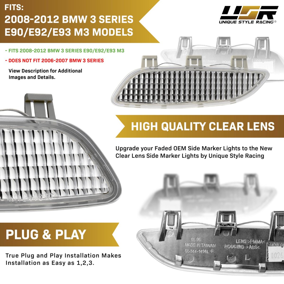 Clear Front Bumper Reflector Lamps Pair For 2008 2012 Bmw 3 Series M3 E90 E92 E93 Left And Right Side Set