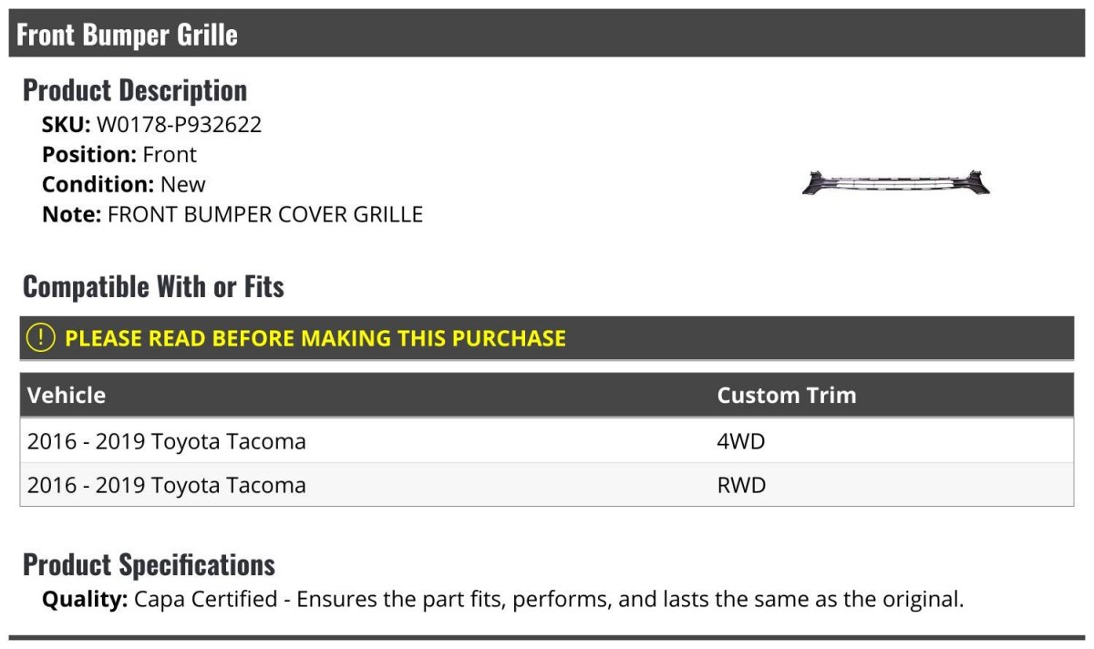 Front Bumper Grille For 2016-2019 Toyota Tacoma 4wd Rwd