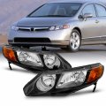 Akkon Fit 2006-2011 Honda Civic Sedan 06-11 Halogen Type Headlights Large Amber Corner Replacement Black Pair 