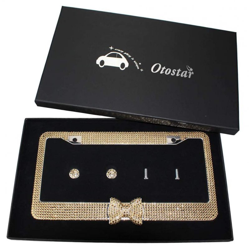 Otostar 2 Pack Pure Handmade 1000pcs 8 Facets Selected Waterproof Bling Rhinestones Stainless Steel License Plate Frame With