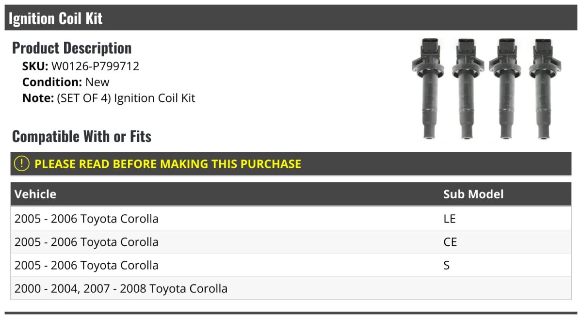 Ignition Coil Kit 4 Piece Compatible With 2000-2008 Toyota Corolla