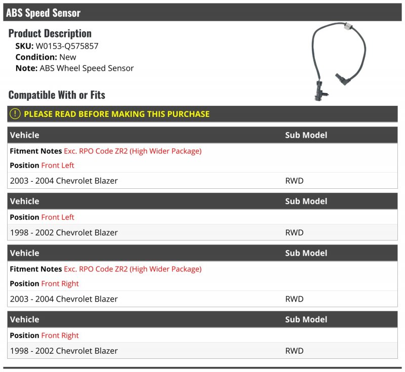 Front Abs Wheel Speed Sensor For 1998-2004 Chevy Blazer Rwd Excludes Rpo Code Zr2 High Wider Package