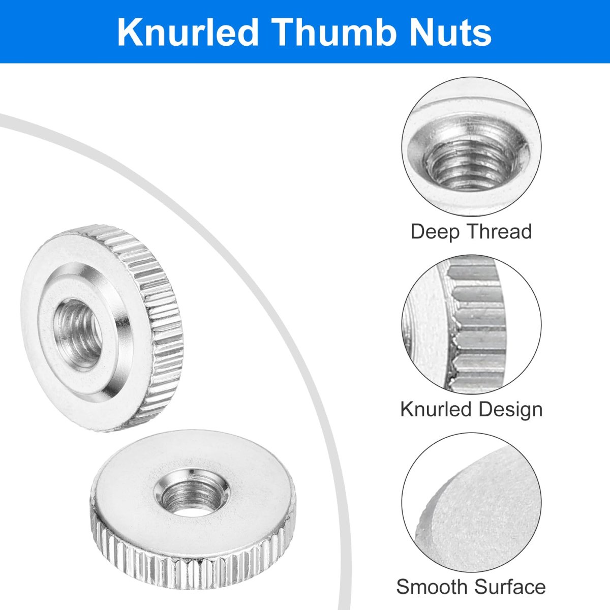 5pcs M6 Knurled Thumb Nuts Carbon Steel Round Flat Head Through Hole Handle Nut Lock Adjusting Thin Type Nickel Plated Silver