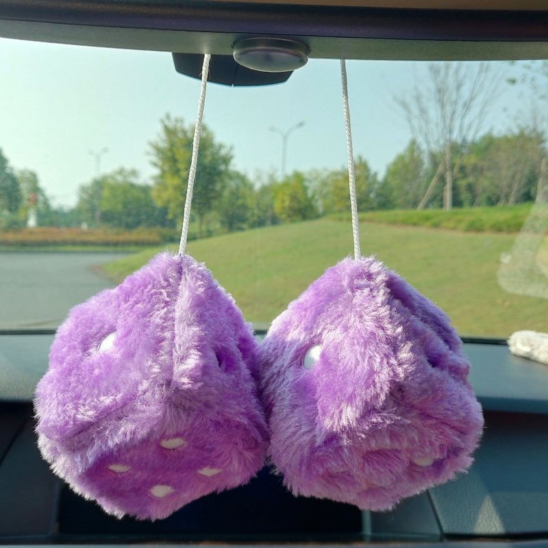 Pair 3a Black With White Dots Mirror Fuzzy Plush Dice And Soft Car Decorative Hanging Ornament