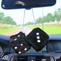 Pair 3a Black With White Dots Mirror Fuzzy Plush Dice And Soft Car Decorative Hanging Ornament
