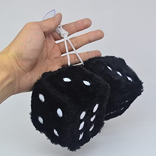 Pair 3a Black With White Dots Mirror Fuzzy Plush Dice And Soft Car Decorative Hanging Ornament