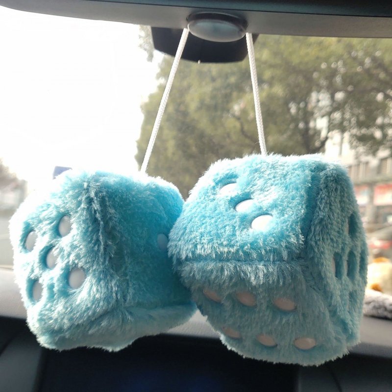 Pair 3a Black With White Dots Mirror Fuzzy Plush Dice And Soft Car Decorative Hanging Ornament