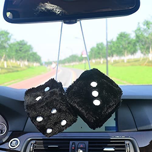 Pair 3a Black With White Dots Mirror Fuzzy Plush Dice And Soft Car Decorative Hanging Ornament