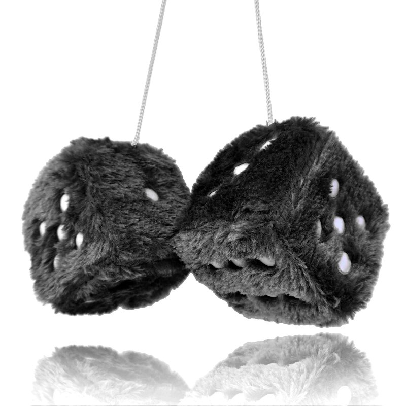 Pair 3a Black With White Dots Mirror Fuzzy Plush Dice And Soft Car Decorative Hanging Ornament