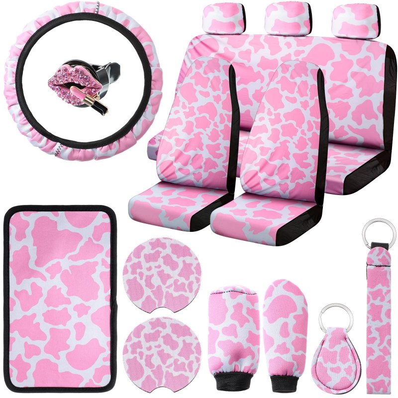 Tallew 16 Pieces Pink Cow Print Car Seat Covers Accessories Set Steering Wheel Console Armrest Pad Headrest Handbrake Gear
