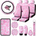 Tallew 16 Pieces Pink Cow Print Car Seat Covers Accessories Set Steering Wheel Console Armrest Pad Headrest Handbrake Gear 