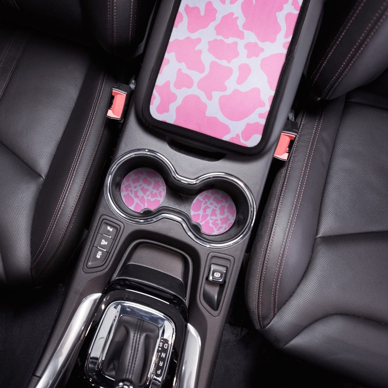 Tallew 16 Pieces Pink Cow Print Car Seat Covers Accessories Set Steering Wheel Console Armrest Pad Headrest Handbrake Gear