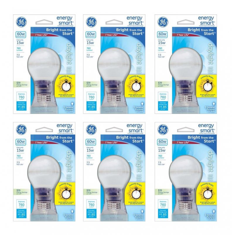 Ge Pack Of 6 15w Cfl Energy Smart Bulb Equivalent To 60w Daylight Cool Color Tone A19 Standard Medium E26 Base