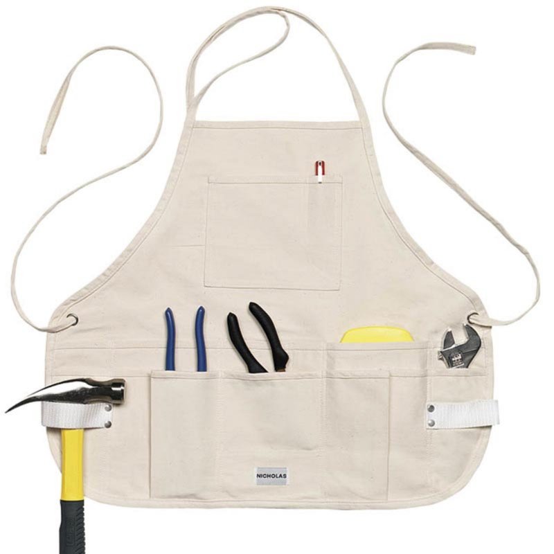 C7 Bib Canvas Apron With 14 Pockets White Cotton Tool For Adults Featuring Hammer Loops And Crisscross Straps