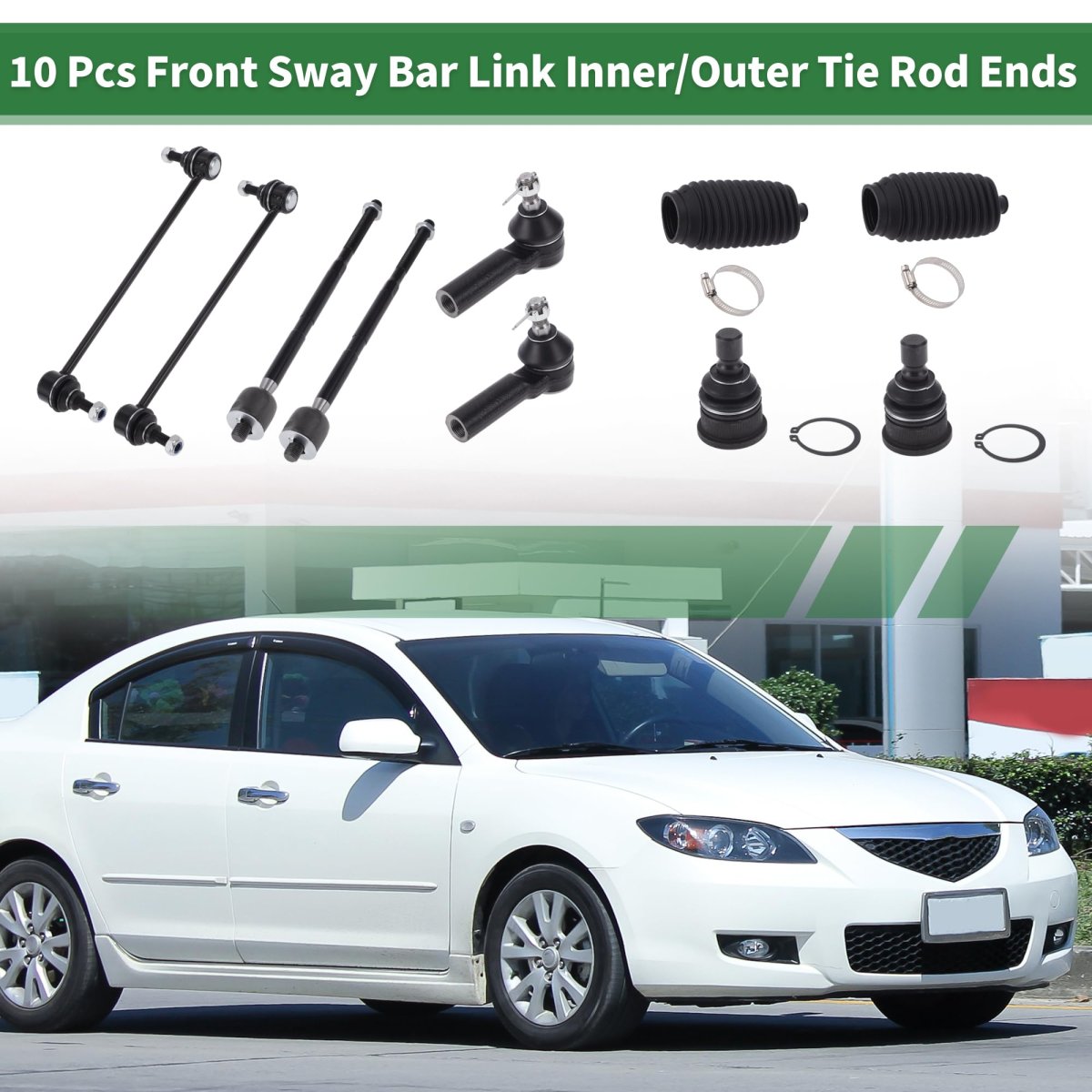 10pcs Front Suspension Kit Inner Outer Tie Rod End Sway Bar Link Lower Ball Joint With Boot For Mazda Tribute 05-06 08-09 No