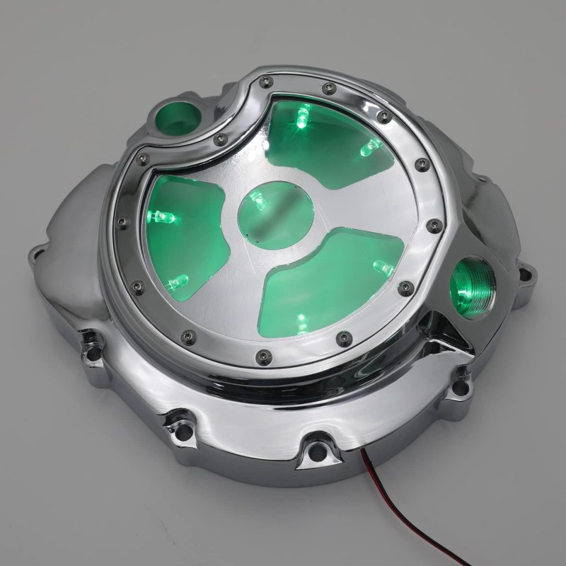 Chrome W Green Led Engine Clutch Cover For 2006-2014 Kawasak Zx14r Zzr 1400 Right P N Mt313-004a-cd