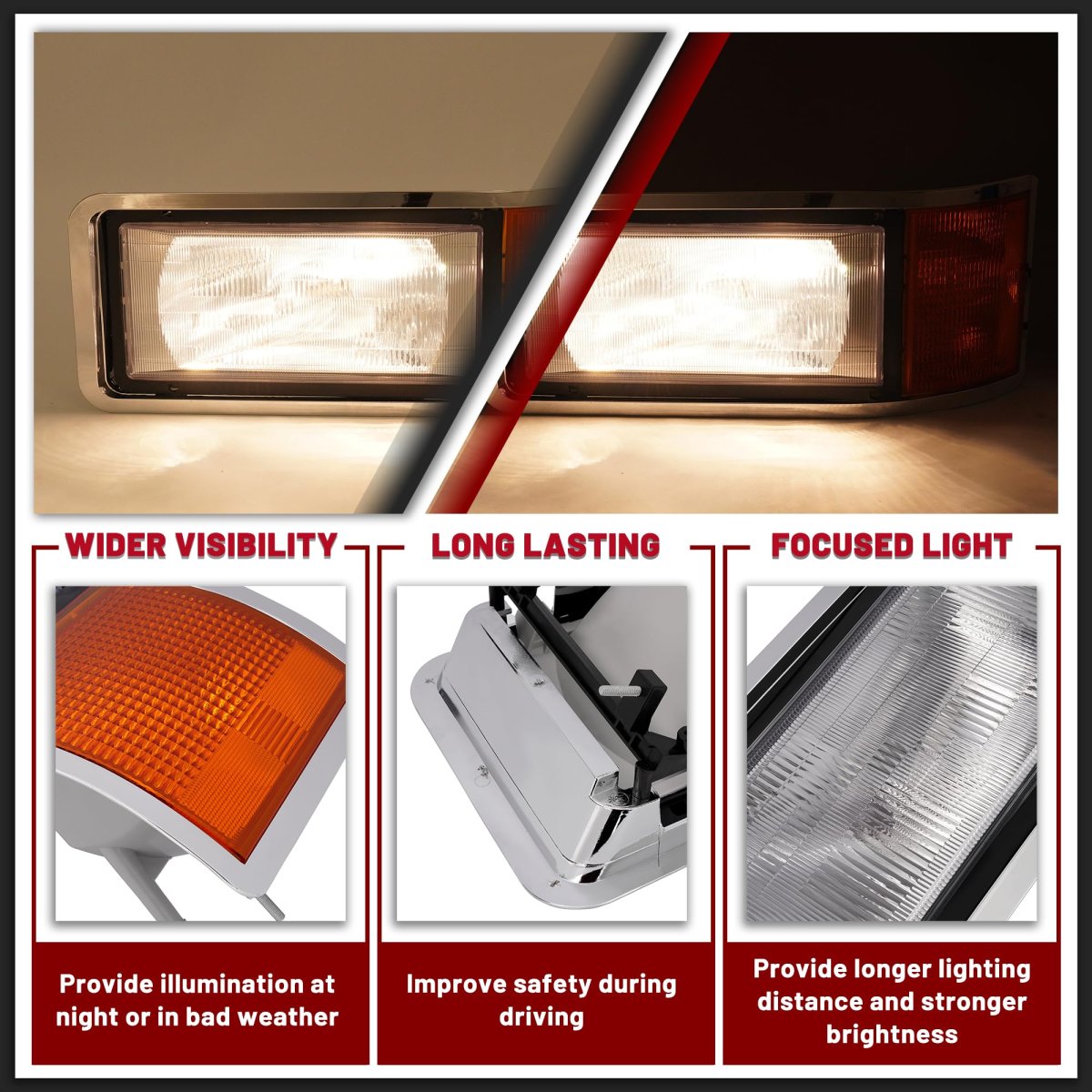 Front Left Headlight And Bezel With Bulb For Mack Ch600 Ch612 Ch613 Ch600k Cl600 Cl700 Clear Amber Lens Driver Side Replacement