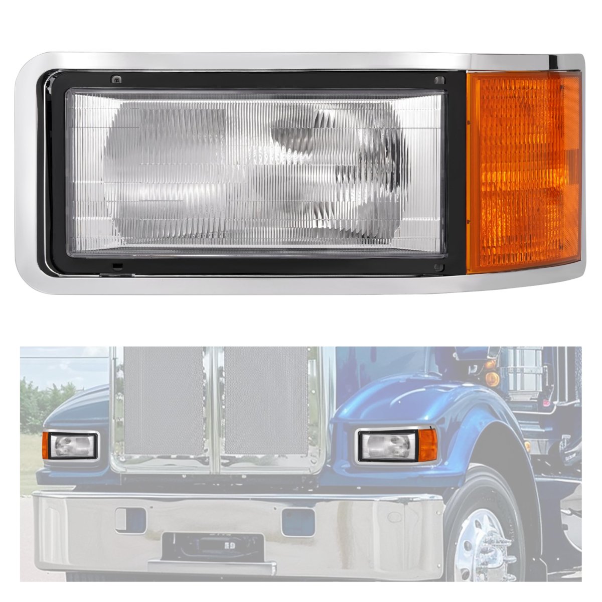 Front Left Headlight And Bezel With Bulb For Mack Ch600 Ch612 Ch613 Ch600k Cl600 Cl700 Clear Amber Lens Driver Side Replacement