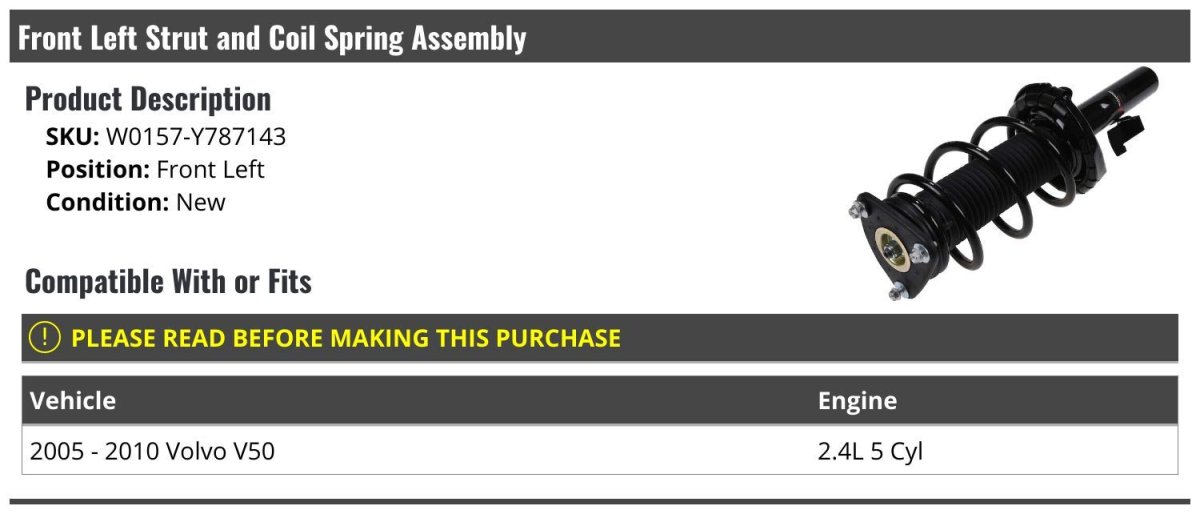 Front Left Driver Side Strut And Coil Spring Assembly For 2005-2010 Volvo V50 2 4l 5-cylinder